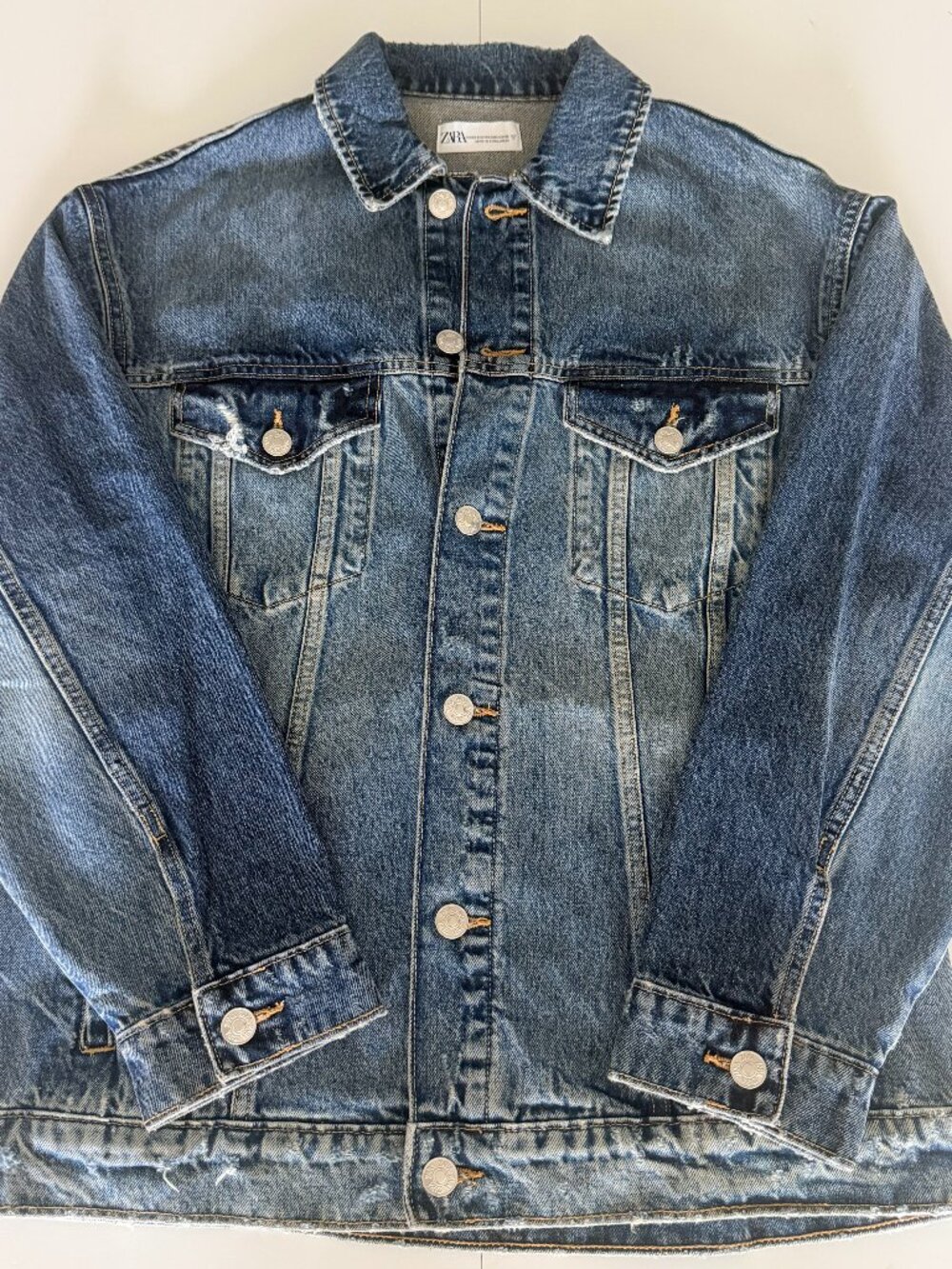 ZARA Blue Cotton Denim Oversized Bomber Jacket Distressed Trucket Y2K Western XS